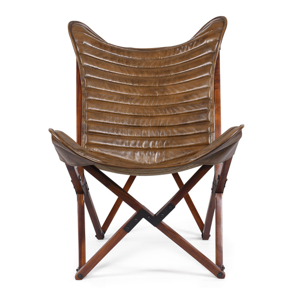 Butterfly Retro Style Genuine Leather Lounge Chair in Antique Brown with Wooden Foldable Frame