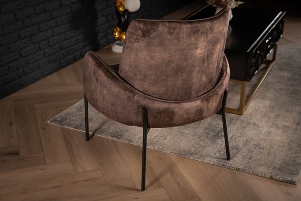 Milo Lounge Chair in Purple Grey Brown Velvet with Black Powder Coating Legs