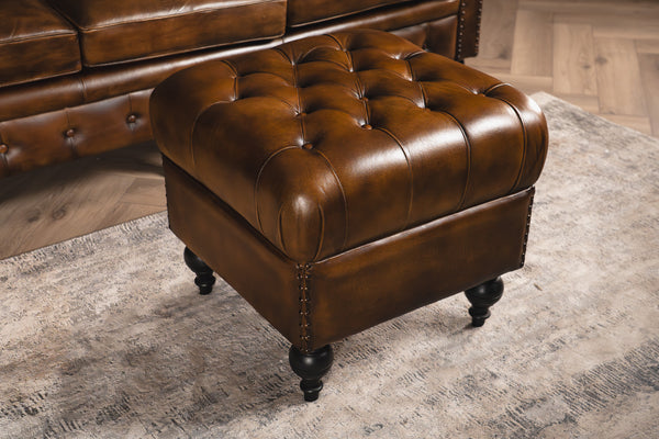 Stratford Chesterfield Genuine Leather Ottoman in Antique Brown and Black Wooden Legs