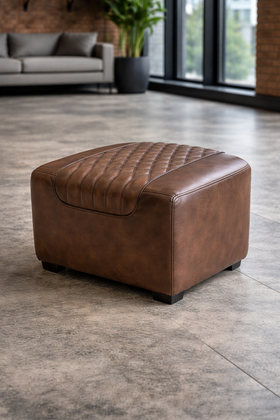 Vintage Brown Leather Footstool  Ottoman with Wooden Legs – Chicago Club