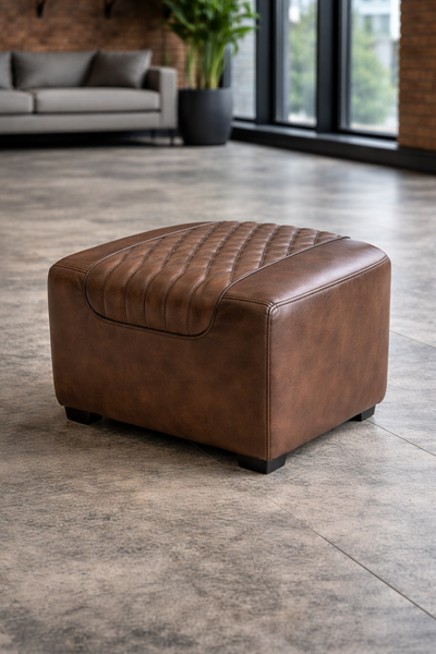 Vintage Brown Leather Footstool  Ottoman with Wooden Legs – Chicago Club