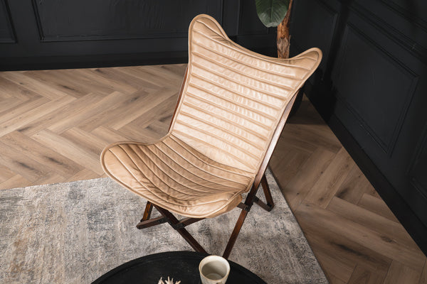 Butterfly Retro Style Genuine Leather Lounge Chair in Beige with Wooden Foldable Frame