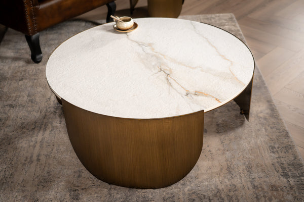 Petroio Italian Sintered Stone Round Coffee Table in White Concrete Gold Marble Look 90 cm