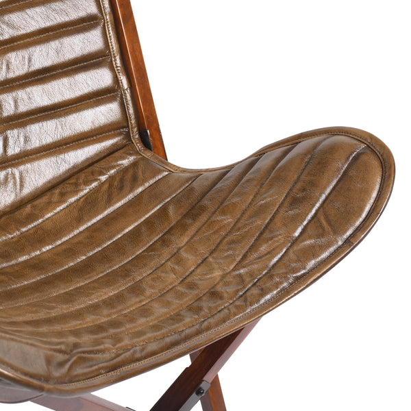 Butterfly Retro Style Genuine Leather Lounge Chair in Antique Brown with Wooden Foldable Frame