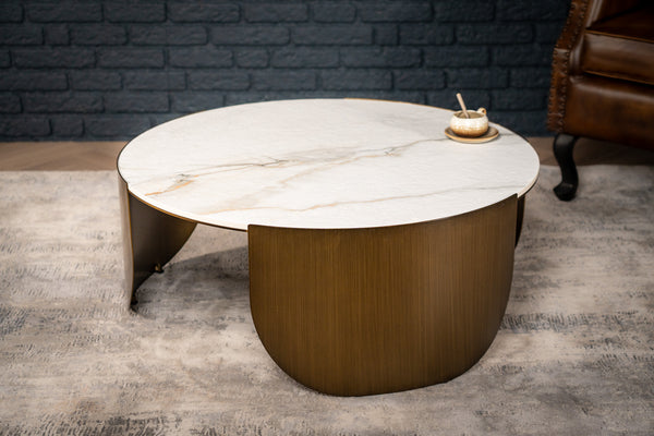 Petroio Italian Sintered Stone Round Coffee Table in White Concrete Gold Marble Look 90 cm