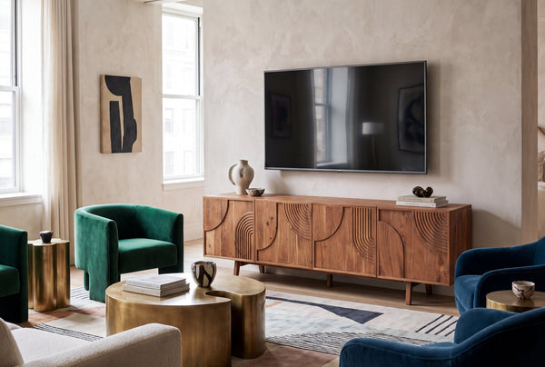 Solid Acacia Wood TV unit 180 cm with Carved Circular Front – Manhattan