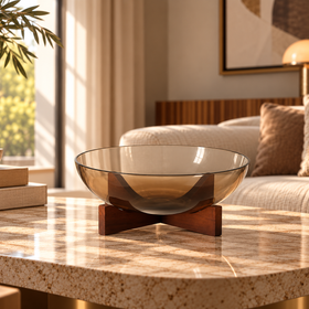 Smoked Brown Glass Decorative Bowl with Wooden Stand - 28cm