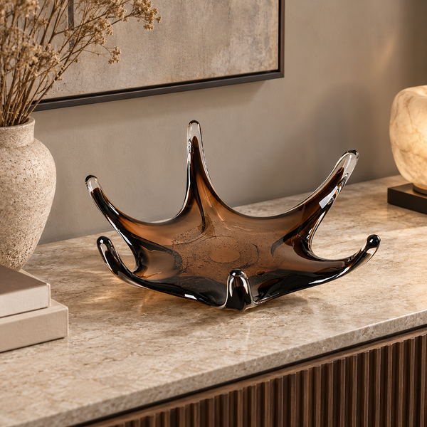 Smoked Brown Crown-Shaped Handmade Glass Decorative Plate - 40cm