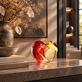 Red & Amber Water Drop Handmade Glass Vase - 18cm