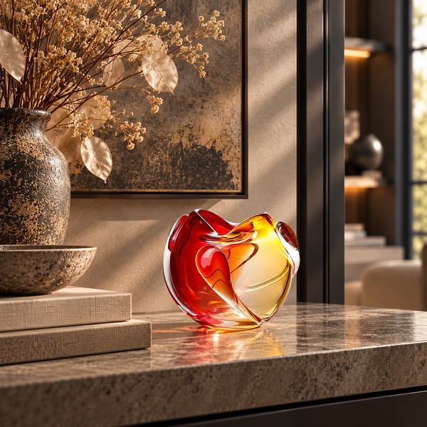 Red & Amber Water Drop Handmade Glass Vase - 18cm