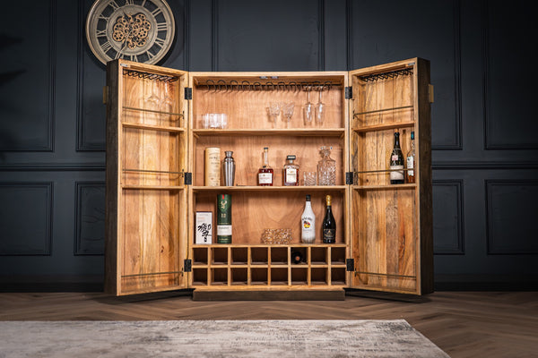 Louvre Solid Mango Wood Bar Cabinet with Fluted Design Fronts in Grey Brown 140CM