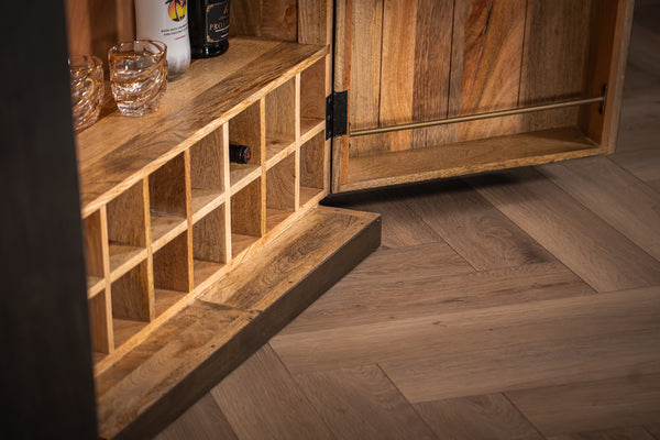 Louvre Solid Mango Wood Bar Cabinet with Fluted Design Fronts in Grey Brown 140CM