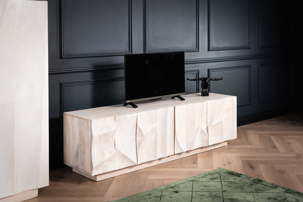 WHITE MOUNTAIN DESIGN SOLID MANGO WOOD TV UNIT WITH 3D ROCK CARVING IN WHITE 170 CM