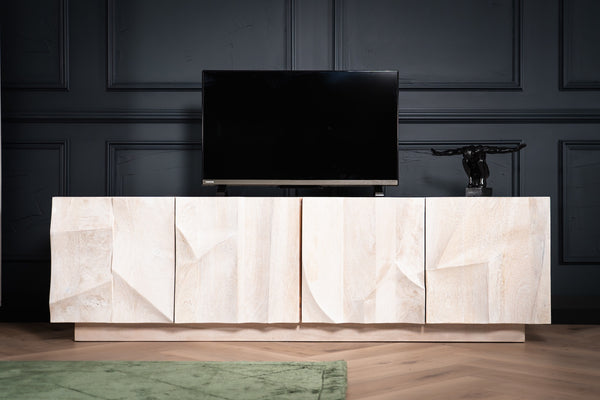 WHITE MOUNTAIN DESIGN SOLID MANGO WOOD TV UNIT WITH 3D ROCK CARVING IN WHITE 170 CM