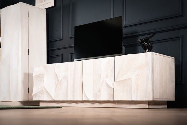 WHITE MOUNTAIN DESIGN SOLID MANGO WOOD TV UNIT WITH 3D ROCK CARVING IN WHITE 170 CM