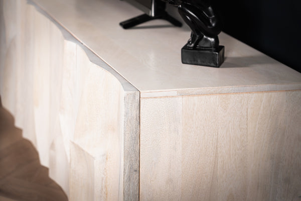 WHITE MOUNTAIN DESIGN SOLID MANGO WOOD TV UNIT WITH 3D ROCK CARVING IN WHITE 170 CM