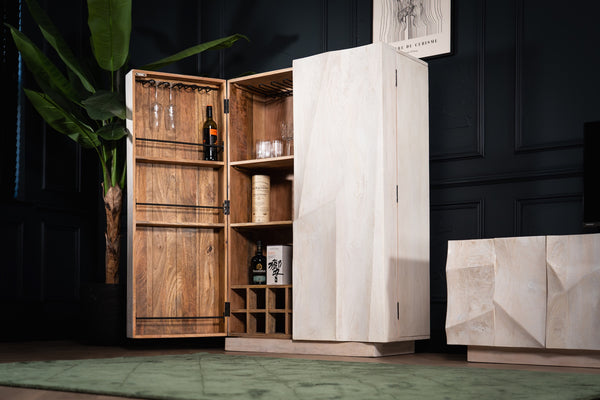 White Mountain Design Large Solid Mango Bar Drinks Cabinet with 3D Rock Carving in White 140 cm