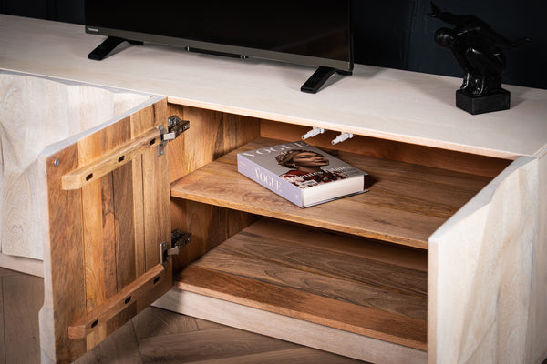 WHITE MOUNTAIN DESIGN SOLID MANGO WOOD TV UNIT WITH 3D ROCK CARVING IN WHITE 170 CM