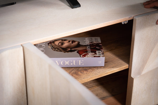 WHITE MOUNTAIN DESIGN SOLID MANGO WOOD TV UNIT WITH 3D ROCK CARVING IN WHITE 170 CM