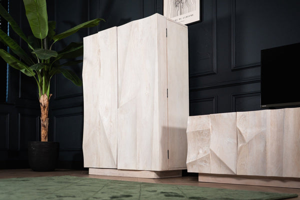 White Mountain Design Large Solid Mango Bar Drinks Cabinet with 3D Rock Carving in White 140 cm