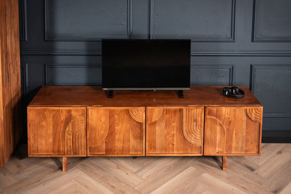 Manhattan Solid Acacia Wood TV Unit with Carved Circular Grooves in Natural Brown 180cm