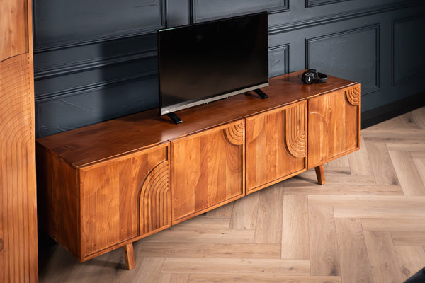 Manhattan Solid Acacia Wood TV Unit with Carved Circular Grooves in Natural Brown 180cm