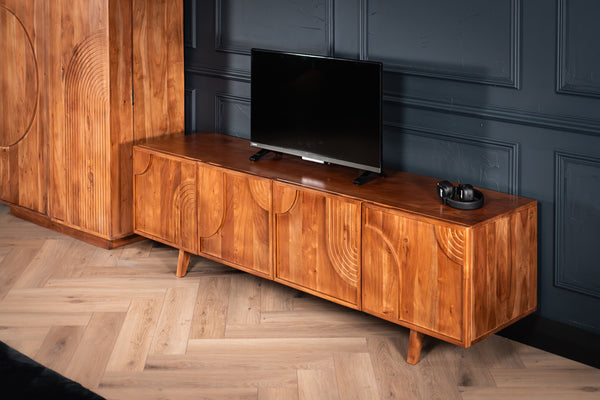 Manhattan Solid Acacia Wood TV Unit with Carved Circular Grooves in Natural Brown 180cm