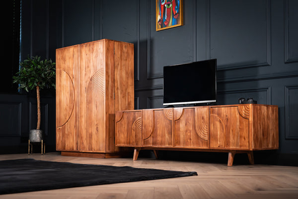Manhattan Solid Acacia Wood TV Unit with Carved Circular Grooves in Natural Brown 180cm