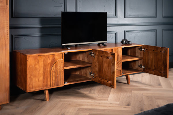 Manhattan Solid Acacia Wood TV Unit with Carved Circular Grooves in Natural Brown 180cm