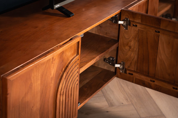 Manhattan Solid Acacia Wood TV Unit with Carved Circular Grooves in Natural Brown 180cm