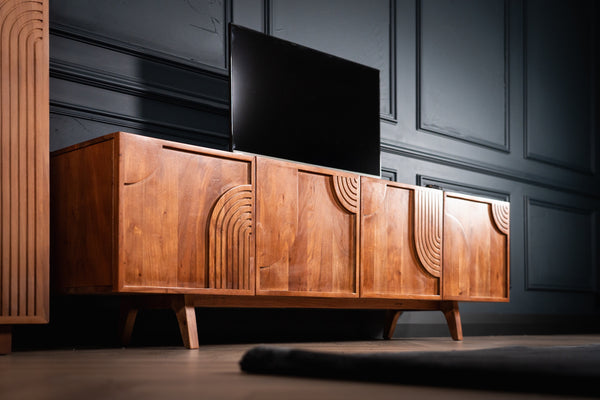 Manhattan Solid Acacia Wood TV Unit with Carved Circular Grooves in Natural Brown 180cm