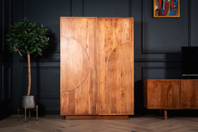 Manhattan Solid Acacia Wood Bar Cabinet with Carved Circular Grooves in Natural Brown 140cm