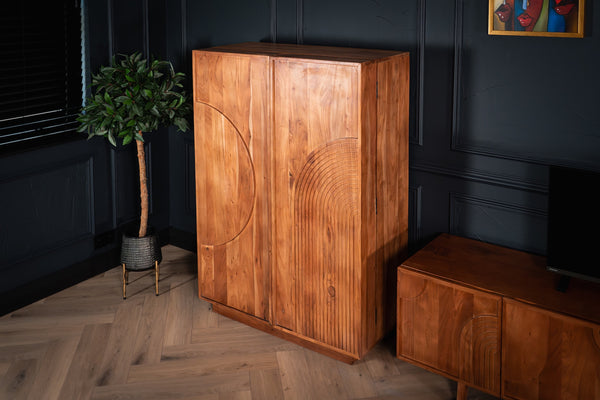 Manhattan Solid Acacia Wood Bar Cabinet with Carved Circular Grooves in Natural Brown 140cm