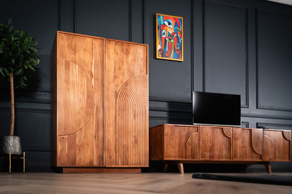 Manhattan Solid Acacia Wood Bar Cabinet with Carved Circular Grooves in Natural Brown 140cm