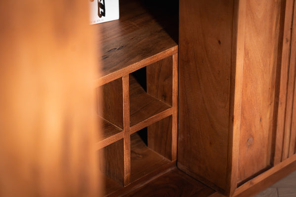 Manhattan Solid Acacia Wood Bar Cabinet with Carved Circular Grooves in Natural Brown 140cm