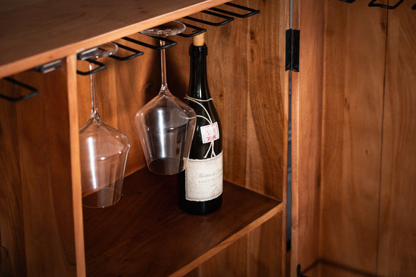 Manhattan Solid Acacia Wood Bar Cabinet with Carved Circular Grooves in Natural Brown 140cm