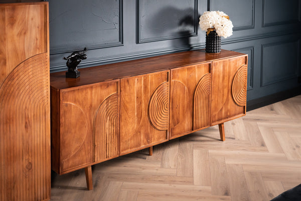 Manhattan Solid Acacia Wood Large Sideboard with Carved Circular Grooves in Natural Brown 200cm