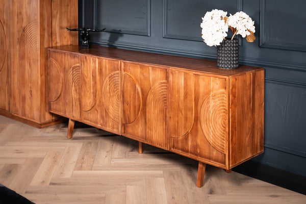 Manhattan Solid Acacia Wood Large Sideboard with Carved Circular Grooves in Natural Brown 200cm