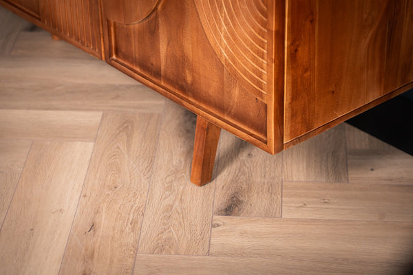 Manhattan Solid Acacia Wood Large Sideboard with Carved Circular Grooves in Natural Brown 200cm