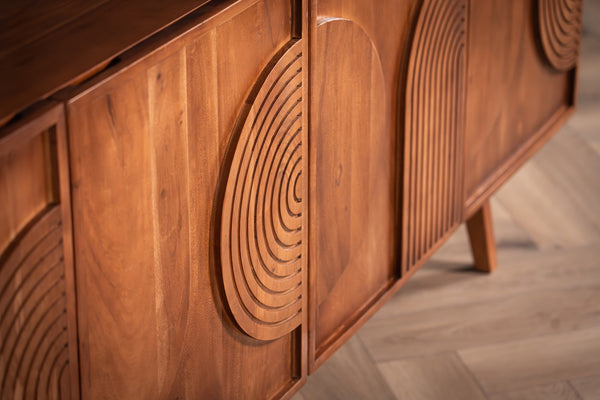 Manhattan Solid Acacia Wood Large Sideboard with Carved Circular Grooves in Natural Brown 200cm