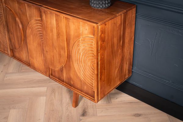 Manhattan Solid Acacia Wood Large Sideboard with Carved Circular Grooves in Natural Brown 200cm
