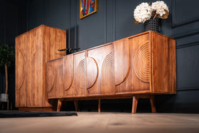 Manhattan Solid Acacia Wood Large Sideboard with Carved Circular Grooves in Natural Brown 200cm