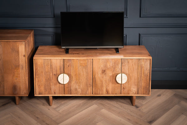 Cedric Solid Mango Wood Natural Brown TV Unit with Stone Inset Handles 130cm