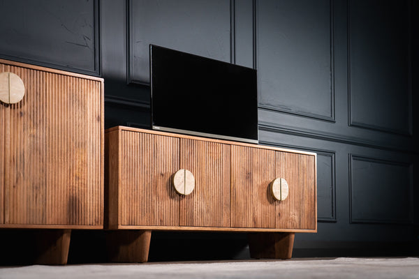 Cedric Solid Mango Wood Natural Brown TV Unit with Stone Inset Handles 130cm