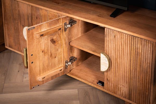 Cedric Solid Mango Wood Natural Brown TV Unit with Stone Inset Handles 130cm