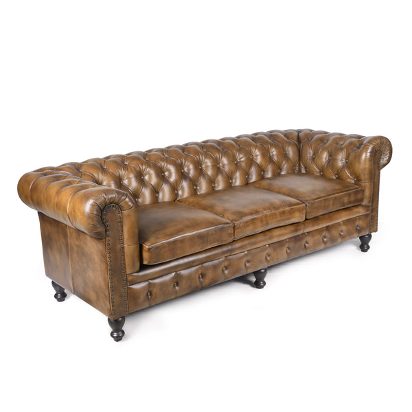 Stratford Chesterfield Genuine Leather 3 Seater Sofa in Antique Brown with Black Wooden Legs 216 cm