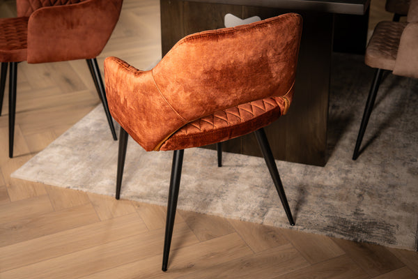 Glamour Elegant Brown Rust Velvet Chair with Decorative Quilting and Black Legs