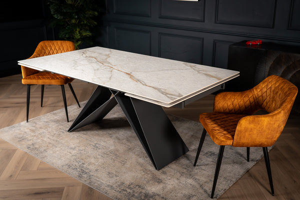 Apollo Extendable Italian Sintered Stone Dining Table in White Concrete Gold Marble Look 180-220-260 cm