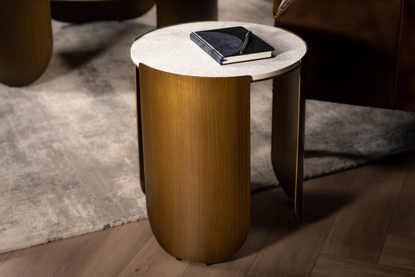 Petroio Italian Sintered Stone Round Side Table in White Concrete Gold Marble Look 40 cm