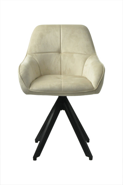 Terra Rotatable Beige Velvet Dining Chair with Diamond Quilting and Black Coated Legs